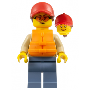 woman - red cap reddish brown ponytail orange life jacket sand blue legs