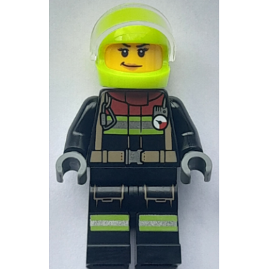 fire - female black jacket and legs with reflective stripes and red collar neon yellow helmet trans-clear visor