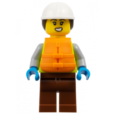 dock worker - female neon yellow safety vest reddish brown legs white construction helmet with dark brown ponytail hair orange life jacket