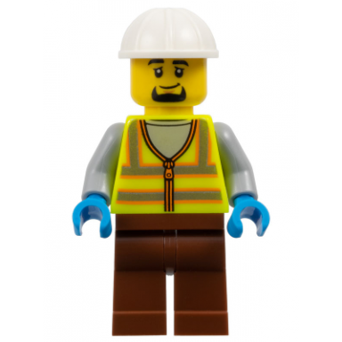 dock worker - male neon yellow reflective vest reddish brown legs white construction helmet goatee