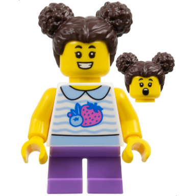 child - girl white collared shirt with fruit medium lavender short legs dark brown hair with buns