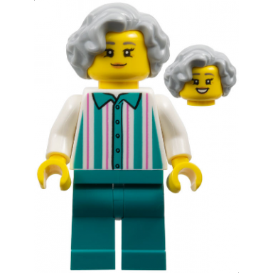 harbor shop worker - female light bluish gray hair white shirt with stripes dark turquoise legs