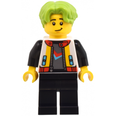 robot world patron - male white jacket black legs lime hair