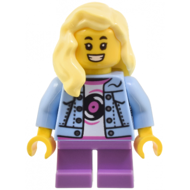 child - girl bright light blue denim jacket medium lavender short legs bright light yellow hair
