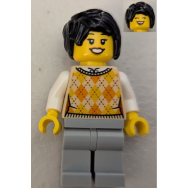 hot dog stand customer - female tan knit argyle sweater vest light bluish gray legs black hair