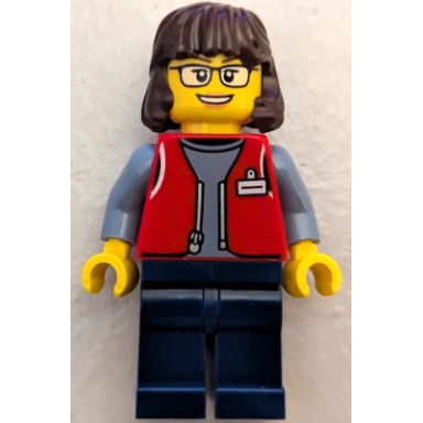 forklift driver - female red vest over sand blue shirt dark blue legs dark brown hair
