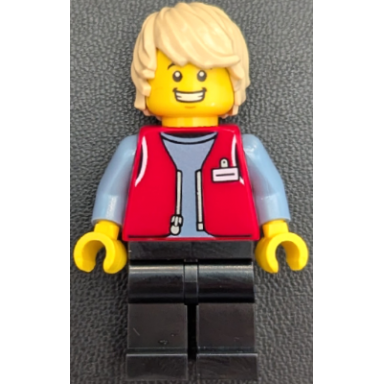 forklift driver - male red vest over sand blue shirt black legs tan hair