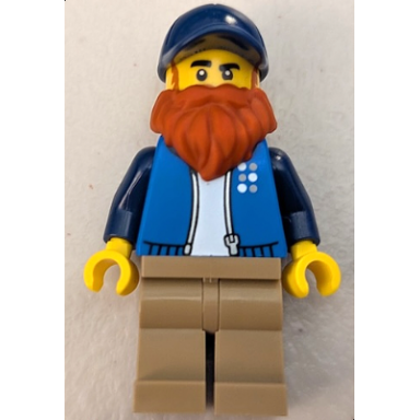 lego truck driver - male blue jacket over white shirt dark tan legs dark blue cap dark orange beard