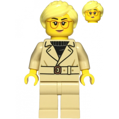 sports car driver - female tan jacket and legs bright light yellow ponytail glasses