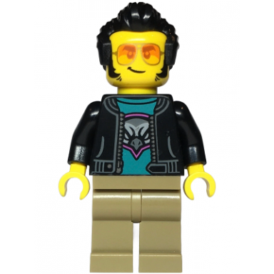 sports car driver - male black jacket over dark turquoise shirt with hawk head logo dark tan legs black hair sunglasses