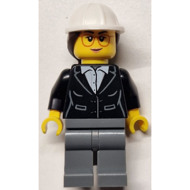 construction engineer architect - female black suit jacket with white button up shirt dark bluish gray legs white construction helmet with dark brown ponytail hair glasses