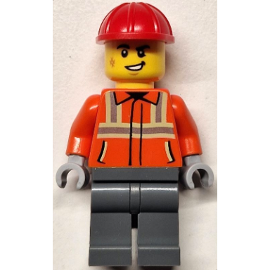 construction worker - male reddish orange safety jacket with reflective stripes dark bluish gray legs red construction helmet