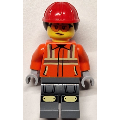 construction worker - female reddish orange safety jacket with reflective stripes dark bluish gray legs with knee pads red construction helmet with dark brown ponytail hair safety glasses