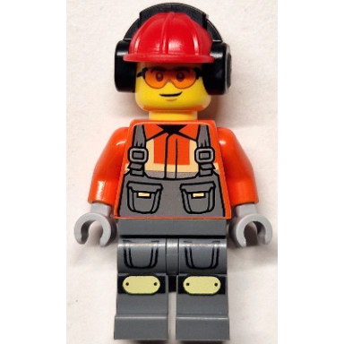 construction worker - male reddish orange safety jacket reflective stripe dark bluish gray overalls red construction helmet with black ear protectors headphones safety glasses