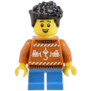 child - boy dark orange holiday sweater dark azure short legs black hair