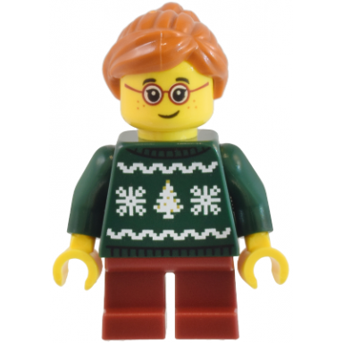 child - girl dark green holiday sweater dark red short legs dark orange hair