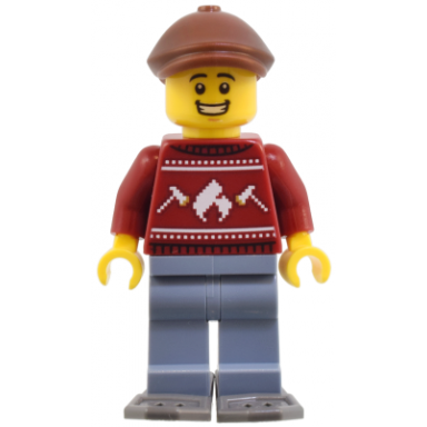 man - dark red holiday sweater sand blue legs reddish brown flat cap dark bluish gray snowshoes