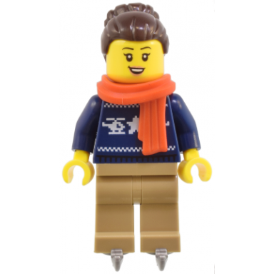 woman - dark blue holiday sweater dark tan legs dark brown hair with bun red scarf ice skates