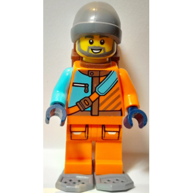 arctic explorer - male orange and medium azure jacket dark bluish gray beanie and snowshoes reddish brown backpack