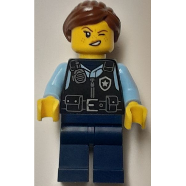 police - city officer female black safety vest with silver star badge logo dark blue legs reddish brown hair with ponytail