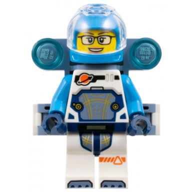 space explorer - female white spacesuit with dark azure arms and helmet trans-clear visor sand blue utility backpack glasses