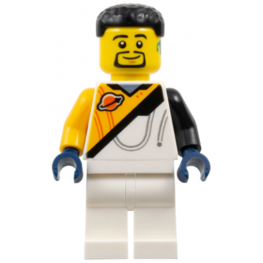 space explorer - male bright light orange and white spacesuit black short hair and goatee hearing aid