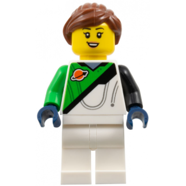 space explorer - female bright green and white spacesuit reddish brown ponytail