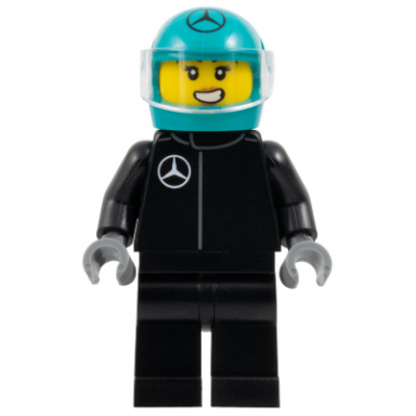 formula 1 driver mercedes - female black racing suit dark turquoise helmet trans-clear visor
