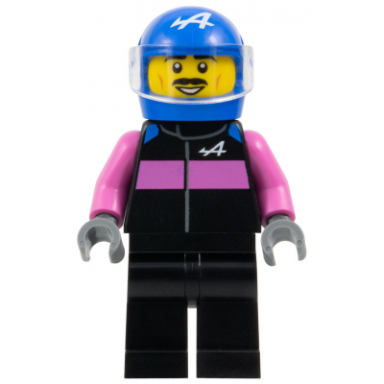 formula 1 driver alpine - male black and dark pink racing suit blue helmet trans-clear visor moustache