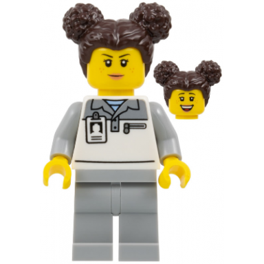 formula 1 mechanic - female light bluish gray and white polo shirt light bluish gray legs dark brown hair with buns freckles