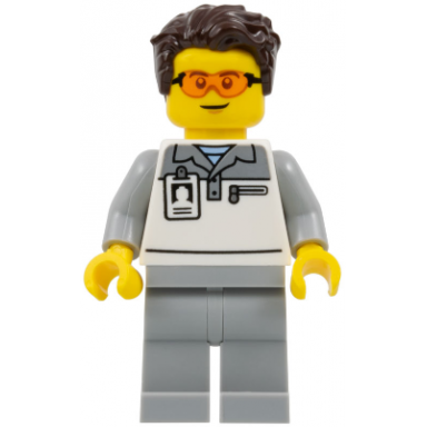 formula 1 mechanic - male light bluish gray and white polo shirt light bluish gray legs dark brown tousled hair safety glasses