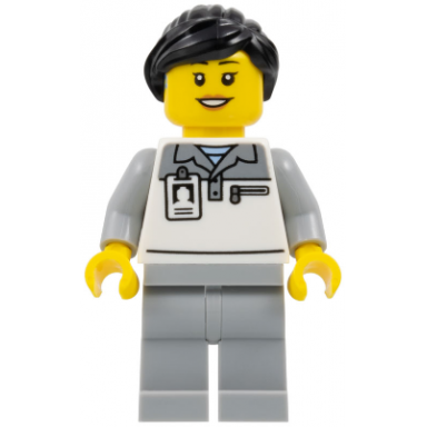 formula 1 mechanic - female light bluish gray and white polo shirt light bluish gray legs black ponytail hearing aid