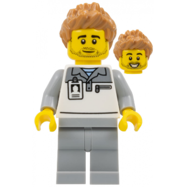 formula 1 mechanic - male light bluish gray and white polo shirt light bluish gray legs medium nougat spiked hair stubble