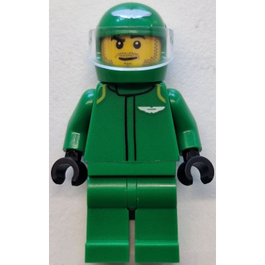 formula 1 driver aston martin - male green racing suit and helmet trans-clear visor stubble