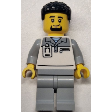 formula 1 transport truck driver - male light bluish gray and white polo shirt light bluish gray legs black hair goatee