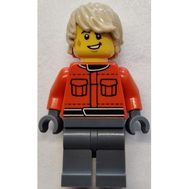 formula 1 race crew member - male reddish orange racing suit with pockets dark bluish gray legs tan tousled hair scuff mark