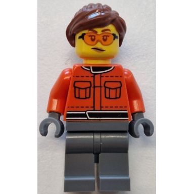 formula 1 race crew member - female reddish orange racing suit with pockets dark bluish gray legs reddish brown hair safety glasses