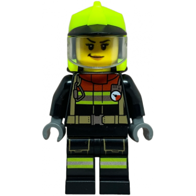 fire truck soapbox race car driver firefighter - female black jacket and legs with reflective stripes and red collar neon yellow fire helmet trans-clear visor