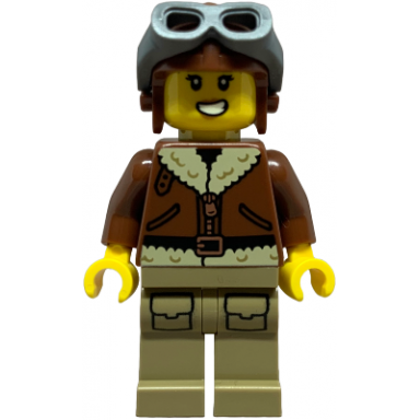 airplane soapbox race car driver pilot - female reddish brown aviator jacket dark tan legs with pockets aviator cap dark bluish gray goggles