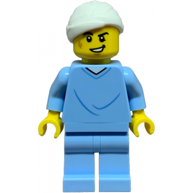 hospital bed soapbox race car driver patient - male bright light blue hospital gown and legs white head bandage scuff mark