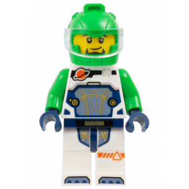 astronaut - male white spacesuit with bright green arms bright green helmet trans-clear visor goatee