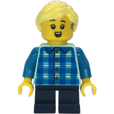 child - girl blue and dark azure plaid shirt dark blue short legs bright light yellow ponytail hearing aid