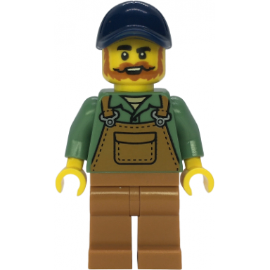 farmer - male medium nougat overalls over sand green shirt medium nougat legs dark blue cap beard