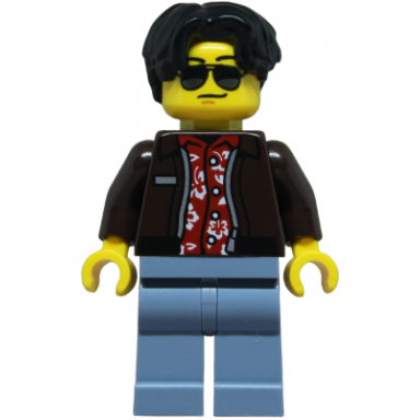 sports car driver - male dark brown jacket over red hawaiian shirt sand blue legs black hair wavy sunglasses