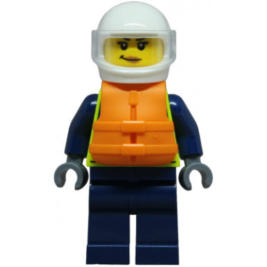 police - city officer female neon yellow safety vest dark blue legs white helmet trans-clear visor orange life jacket