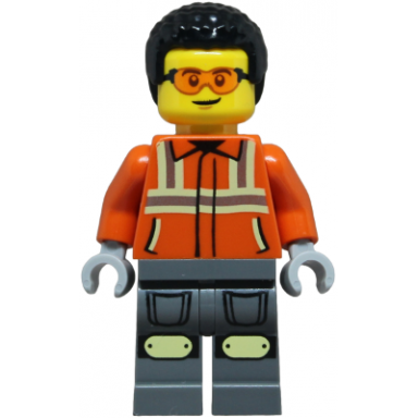 construction worker - male reddish orange safety jacket with reflective stripes dark bluish gray legs with knee pads black coiled hair safety glasses