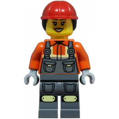 construction worker - female dark bluish gray overalls over reddish orange safety jacket with reflective stripes dark bluish gray legs with knee pads red construction helmet with dark brown ponytail hair