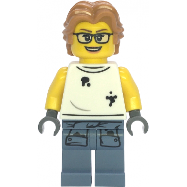 scrapyard worker - female white sleeveless shirt with oil stains sand blue legs with shirt sleeves with oil stains medium nougat wavy hair glasses