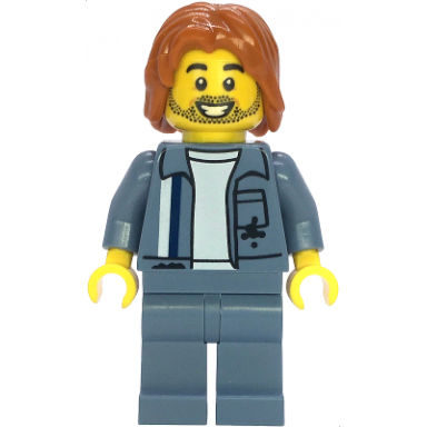 scrapyard worker - male sand blue mechanic uniform over white shirt sand blue legs dark orange mid-length tousled hair stubble