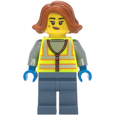 scrapyard worker - female neon yellow safety vest with reflective stripes sand blue legs dark orange hair beauty mark